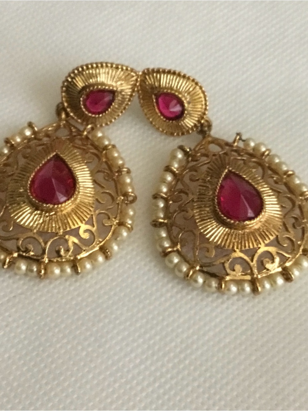Gold-Tone Earrings with Pink Teardrop Stones and Pearl Accents